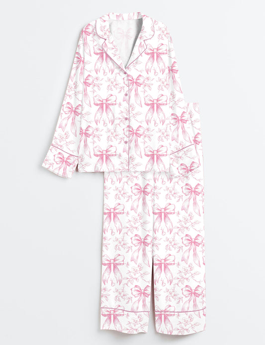 Women’s Pink Chinoiserie Coquette Bow Floral Long Sleeve Satin Pajama Set