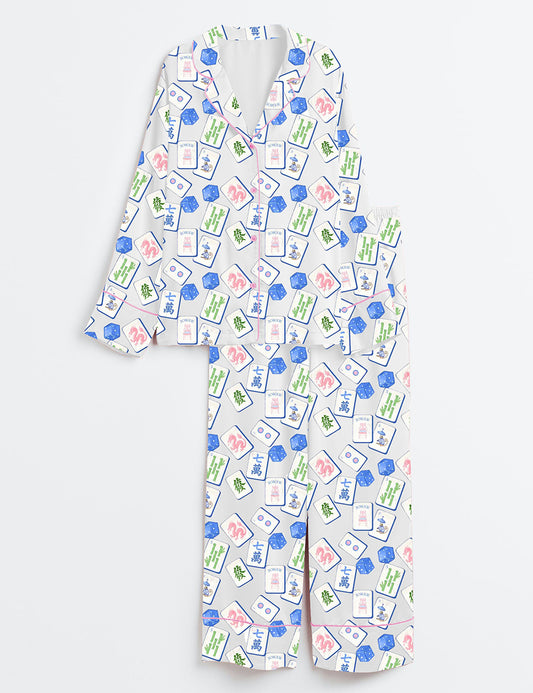 Women’s Mahjong Set Chinoiserie Blue Watercolor Chinoiserie Grand Millennial Wedding Print Long Sleeve Satin Pajama Set
