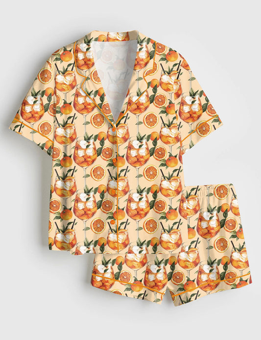 Women’s Aperol Spritz Italian Cocktail Party Oranges Summer Beach Aperitivo Italy Theme Print Short Sleeve Satin Pajama Set