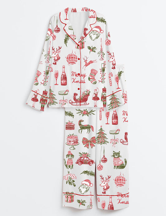 Women’s Watercolor Vintage Christmas Hand Drawn Holiday Cocktails Long Sleeve Satin Pajama Set