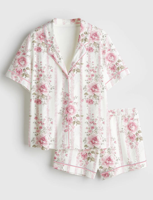 Women’s Pink Floral Stripe Wedding Short Sleeve Satin Pajama Set