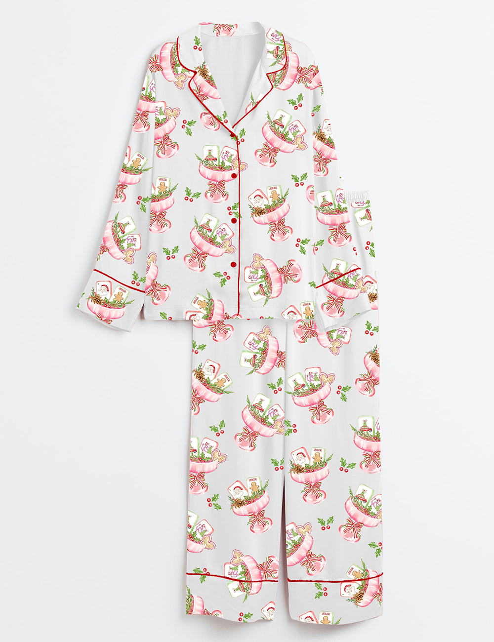 Women’s Watercolor Christmas Mahjong Cocktail Chinese Mahjong Party Long Sleeve Satin Pajama Set