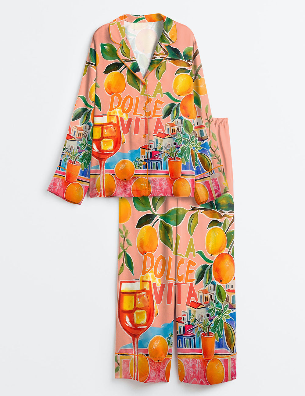 Women’s Whimsical La Dolce Vita Italy Painted Retro Watercolor Italian Oranges Wall Art Print Long Sleeve Satin Pajama Set
