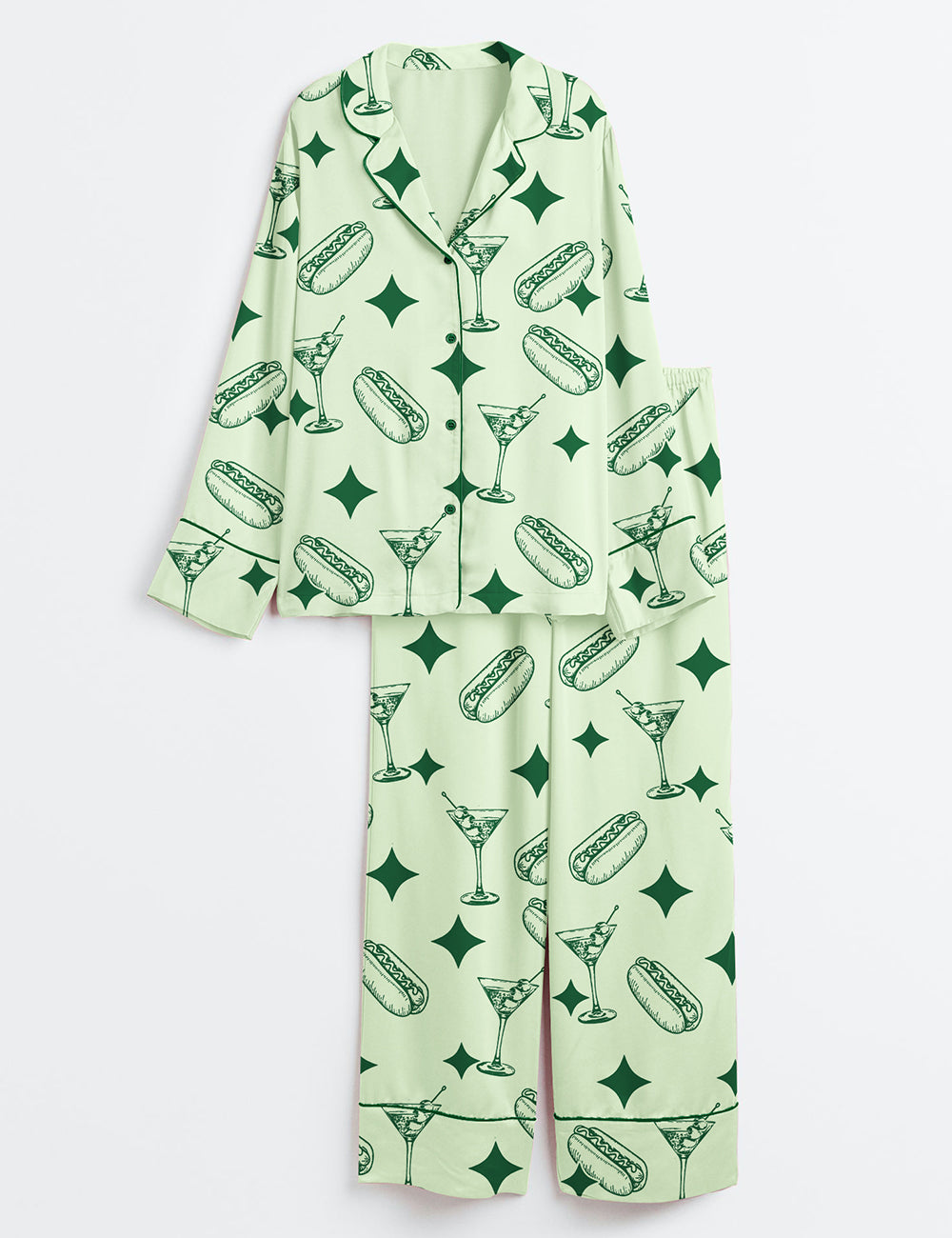 Women’s Green Tinis And Weenies Dirty Martini Party Print Long Sleeve Satin Pajama Set