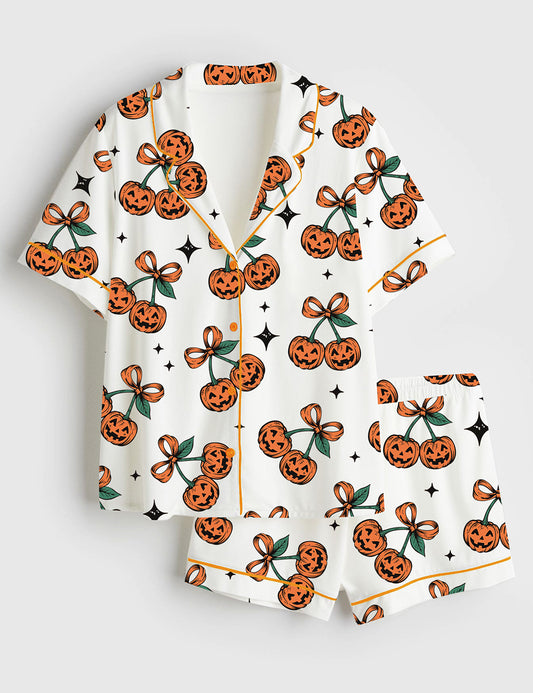 Women’s Pumpkin Cherries Coquette Bow Autumn Girly Halloween Pumpkin Fall Pumpkin Short Sleeve Satin Pajama Set