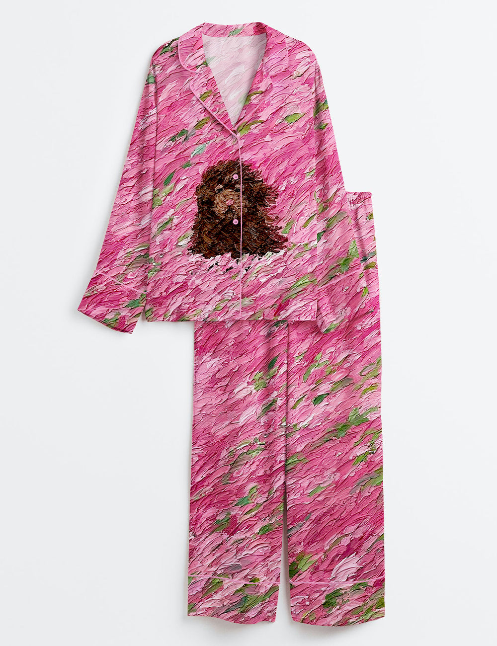 Women’s A Brown Creature In A Pink Blossom Field Long Sleeve Satin Pajama Set