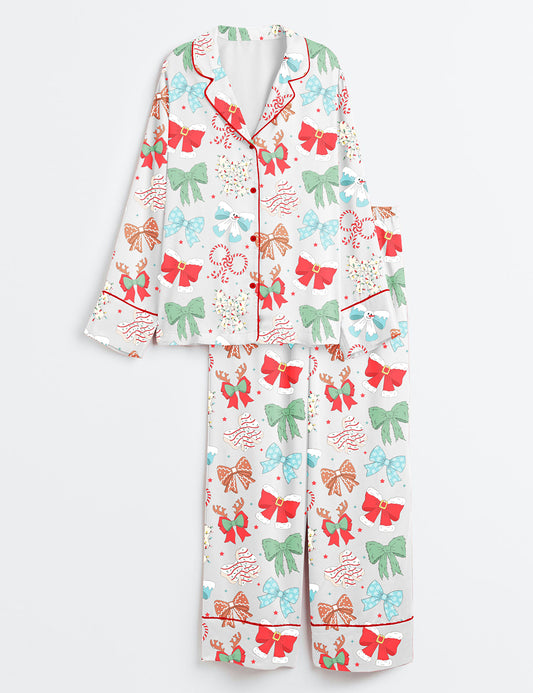 Women’s Retro Coquette Bow Christmas Girly Christmas Snowman Long Sleeve Satin Pajama Set