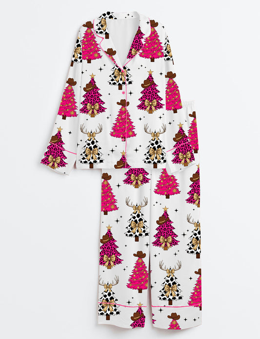 Women’s Howdy Christmas Cowgirl Western Christmas Trees Long Sleeve Satin Pajama Set