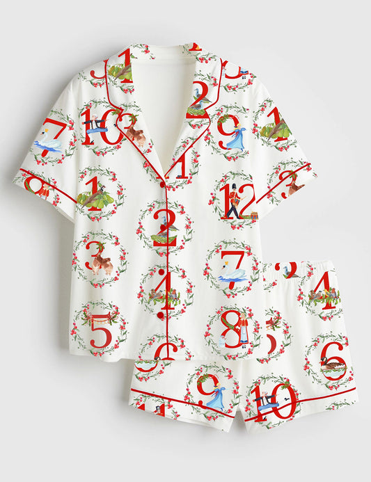 Women’s Twelve Days Of Christmas Short Sleeve Satin Pajama Set
