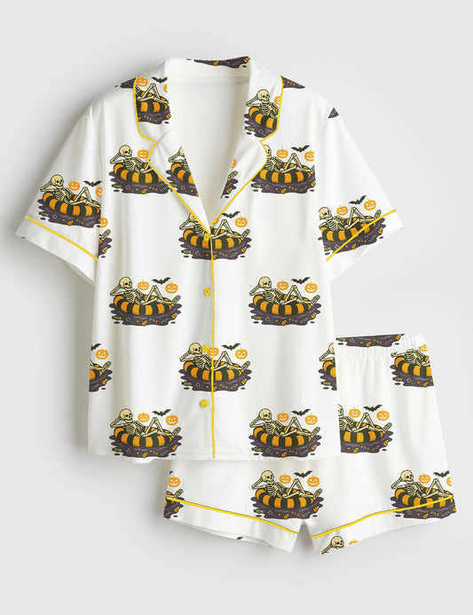 Women’s Summerween Spooky Skeleton Summer Halloween Girly Summer Beach Vibes Print Short Sleeve Satin Pajama Set