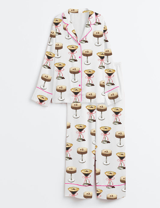 Women's Espresso Martini Pink Bow Satin Pajama Set