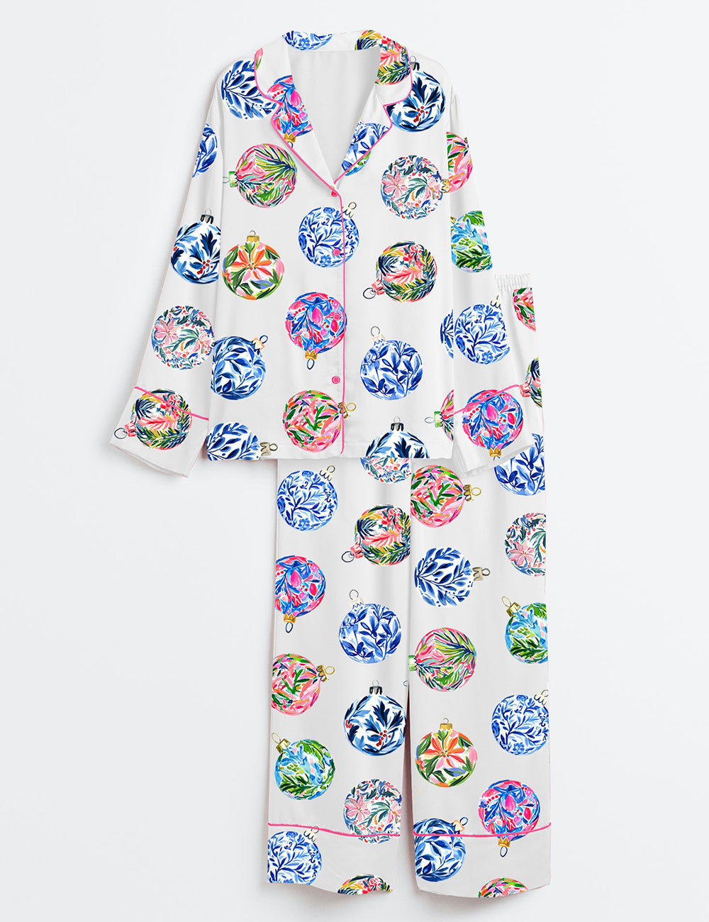 Women’s Preppy Baubles Watercolor Christmas Holiday Ornaments Print Long Sleeve Satin Pajama Set