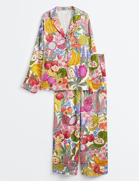 Women’s Fruit All The Colours Of The Rainbow Long Sleeve Satin Pajama Set