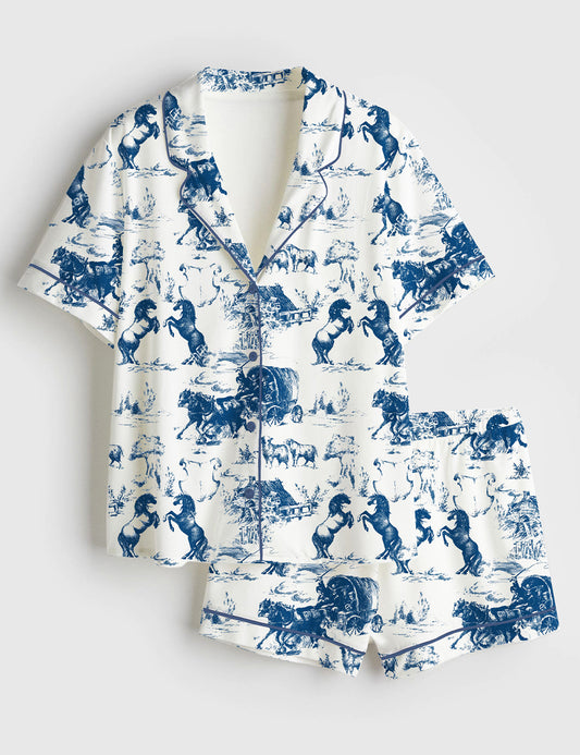 Women’s Vintage Ranch Life American Wild West Horse Racing Western Cowboys Life Print Short Sleeve Satin Pajama Set