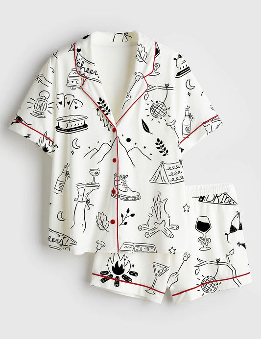 Women’s Camp Bachelorette Hand Drawn Mountain Hiking Glamping Girls Trip Print Short Sleeve Satin Pajama Set