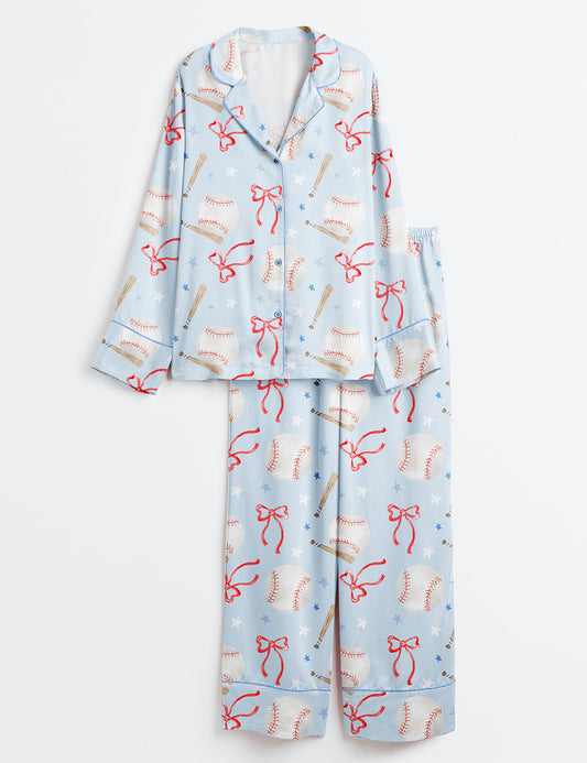 Women’s Coquette Baseball Long Sleeve Satin Pajama Set
