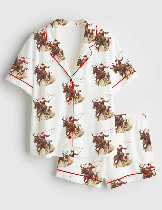 Women’s Vintage Cowboy Santa Western Roping Christmas Short Sleeve Satin Pajama Set