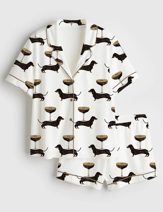 Women’s Weenies And Espresso Martinis Bachelorette Daschund Weiner Dog Weekend Hen Party Short Sleeve Satin Pajama Set