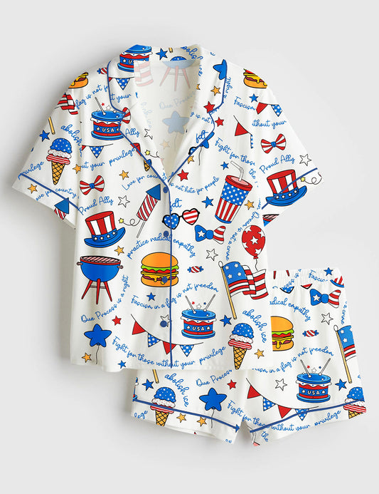 Women’s Liberal Fourth Of July Liberal Patriotic Secret Subtle FDT Print Short Sleeve Satin Pajama Set