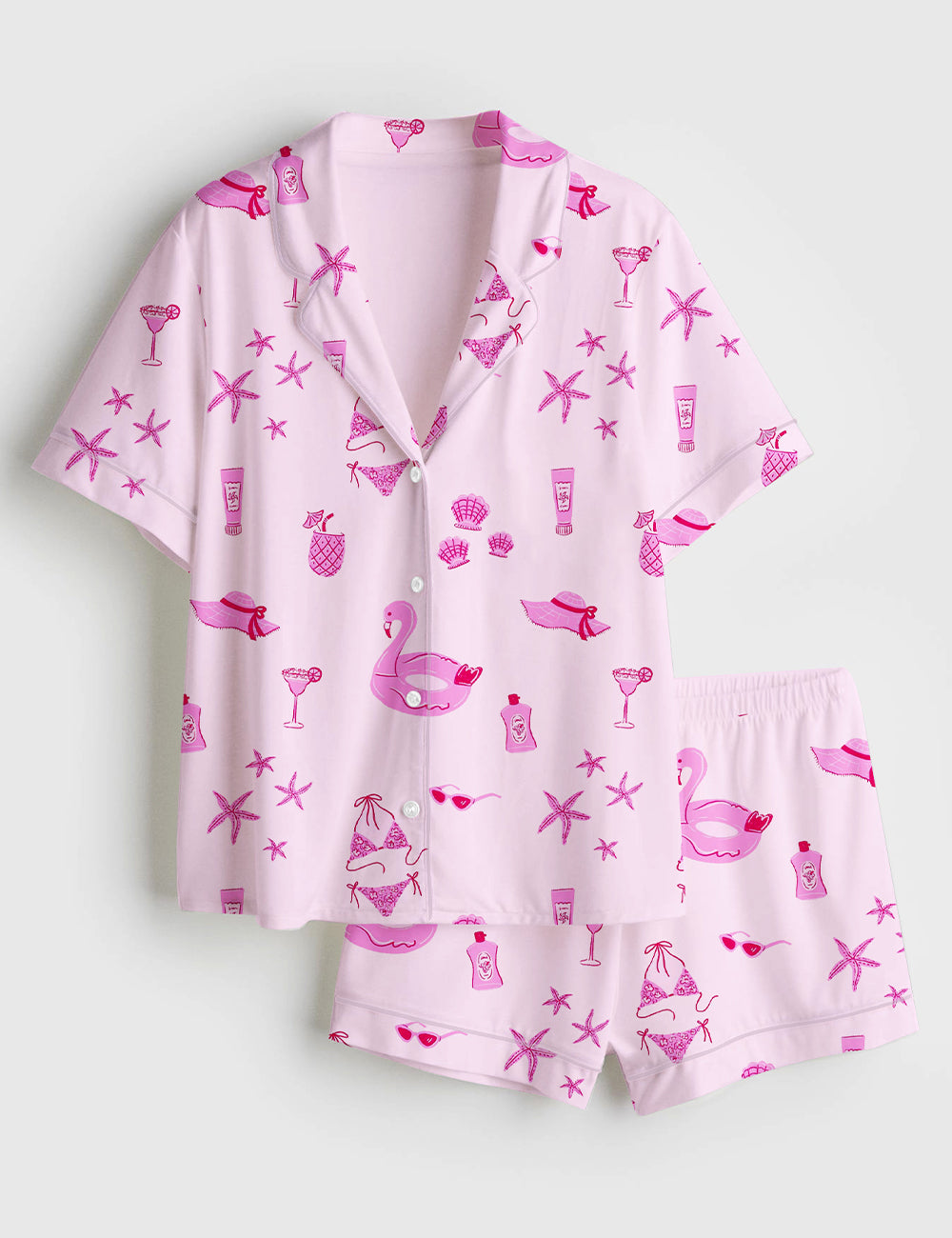 Women’s Summer Cocktail Breezy Beach Vacation Short Sleeve Satin Pajama Set