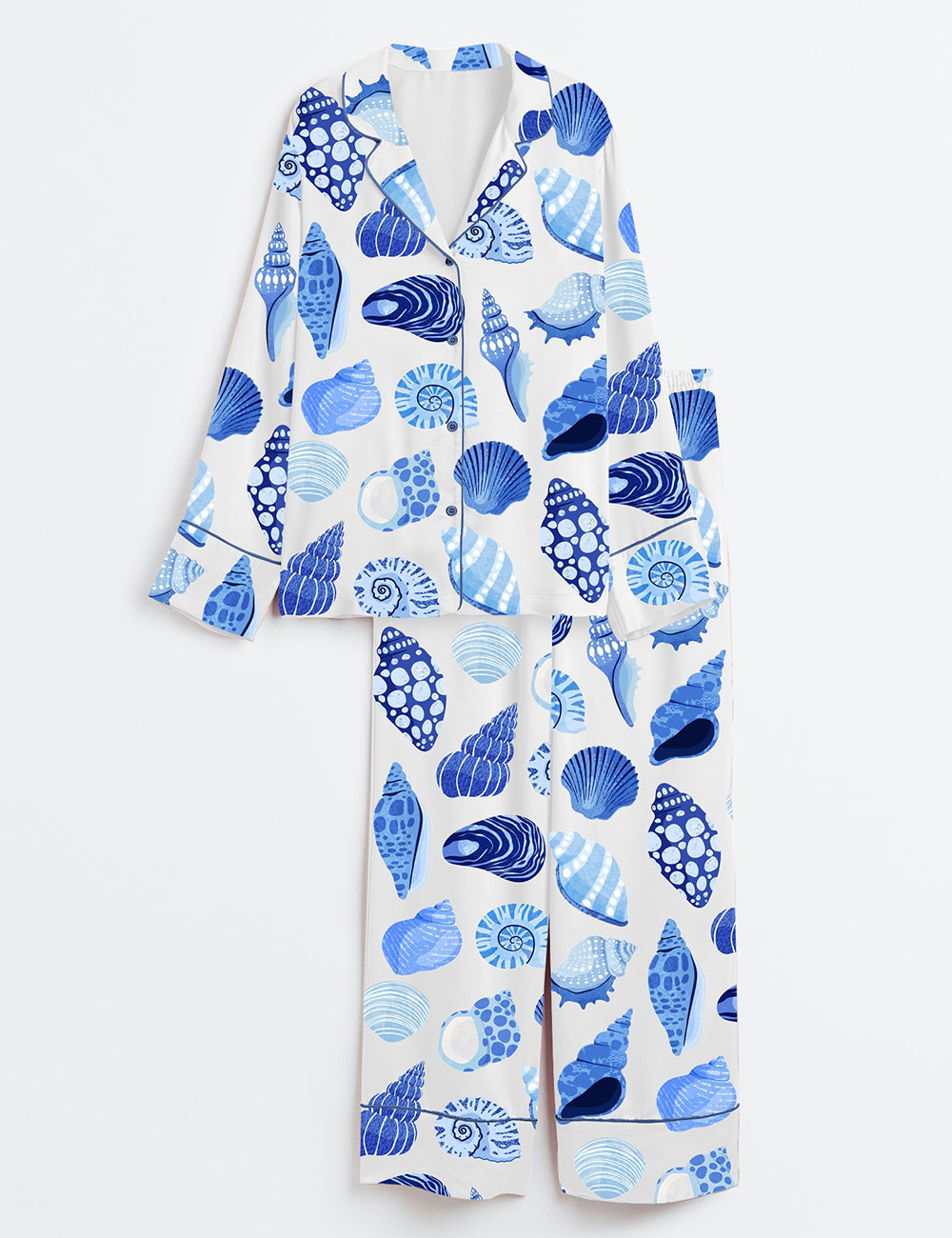 Women’s Summer Trip Blue Shells Coastal Summer Beach Coastal Aesthetic Bachelorette Colorful Shells Long Sleeve Satin Pajama Set