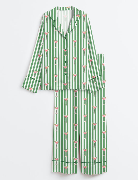 Women’s Pink Martini With Green Stripes Wine Long Sleeve Satin Pajama Set