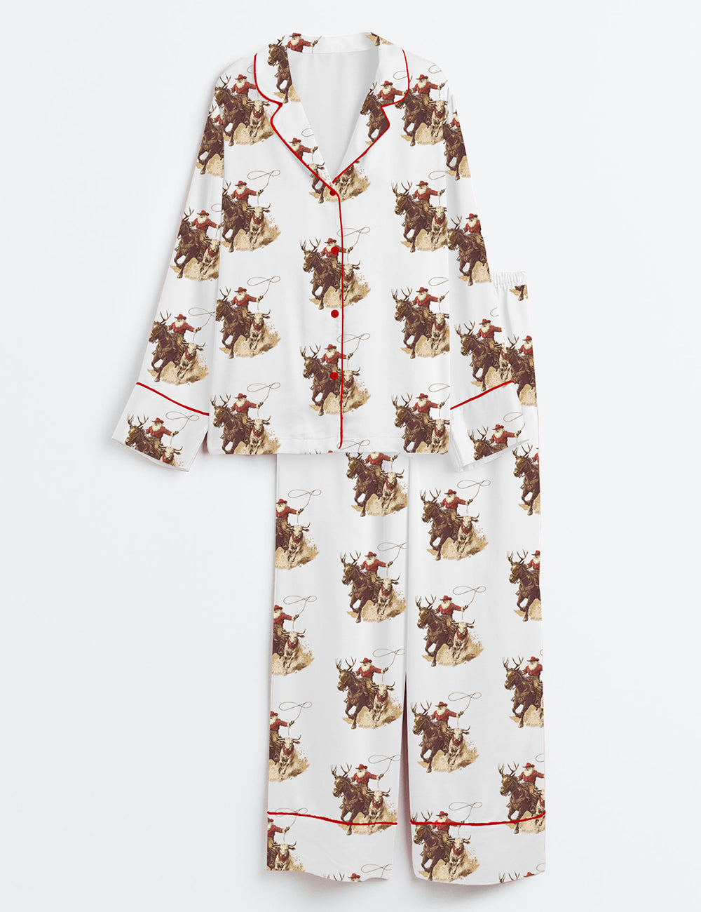 Women’s Vintage Cowboy Santa Western Roping Christmas Long Sleeve Satin Pajama Set