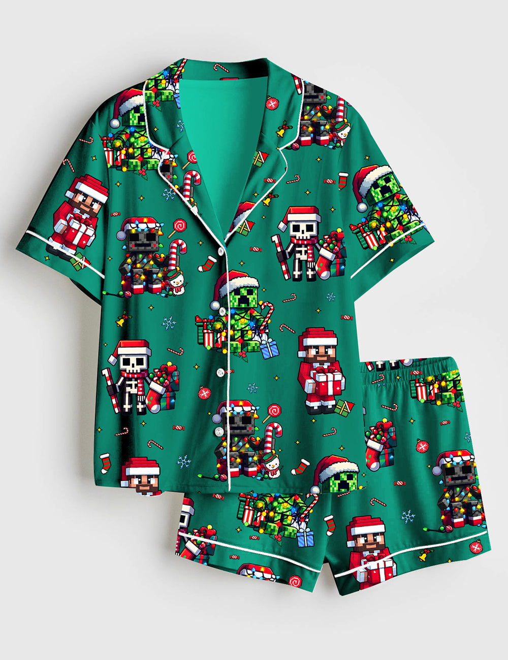 Women’s Just A Jolly Creeper Gamer Character Christmas Short Sleeve Satin Pajama Set