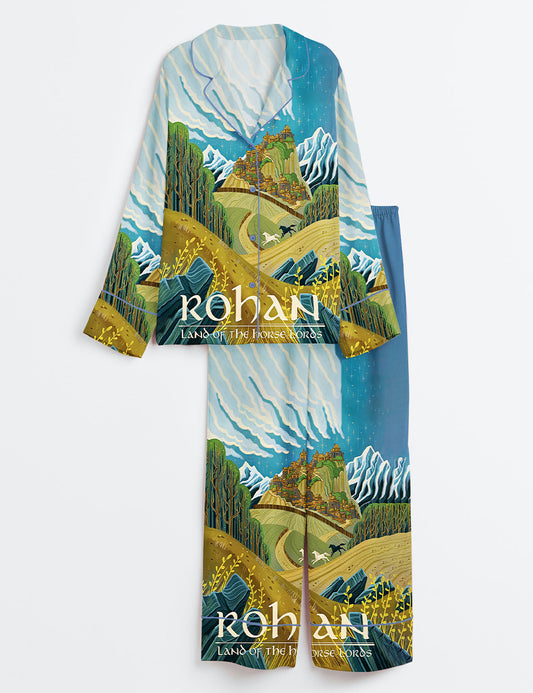 Women’s Lord Of The Rings Rohan Golden Hall Travel Long Sleeve Satin Pajama Set