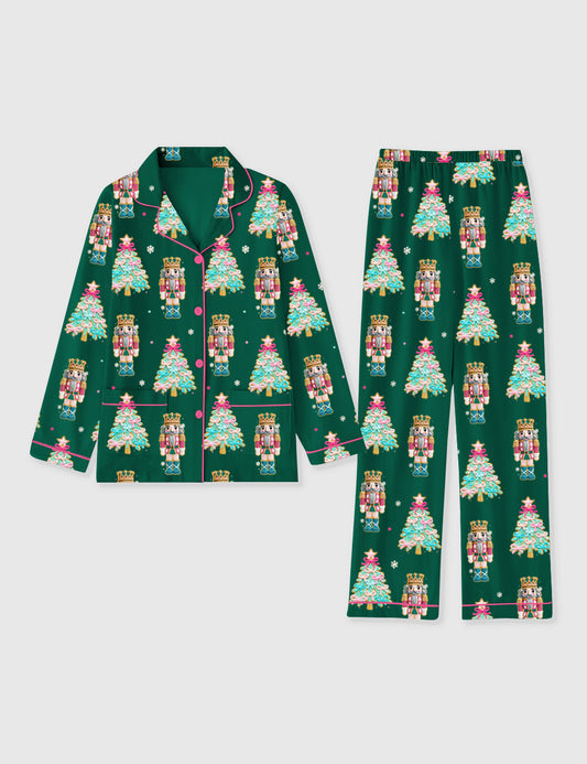 Women's Christmas Tree Nutcracker Coquette Preppy Holiday Long Sleeve Pocket Cotton Pajama Set