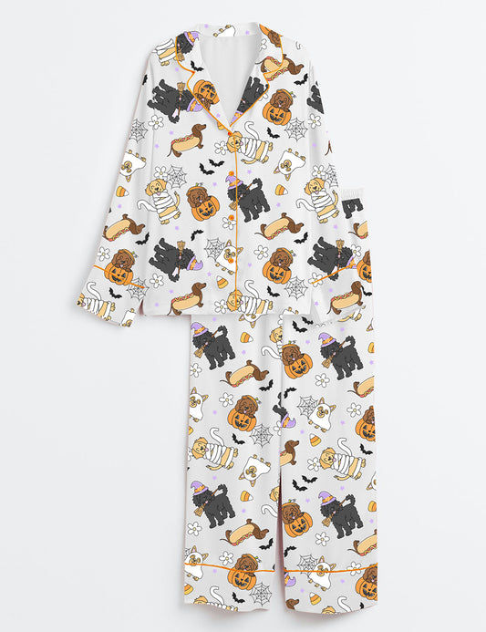 Women’s Cute Halloween Dogs Spooky Halloween Pumpkin Just A Spooky Paw Print Long Sleeve Satin Pajama Set