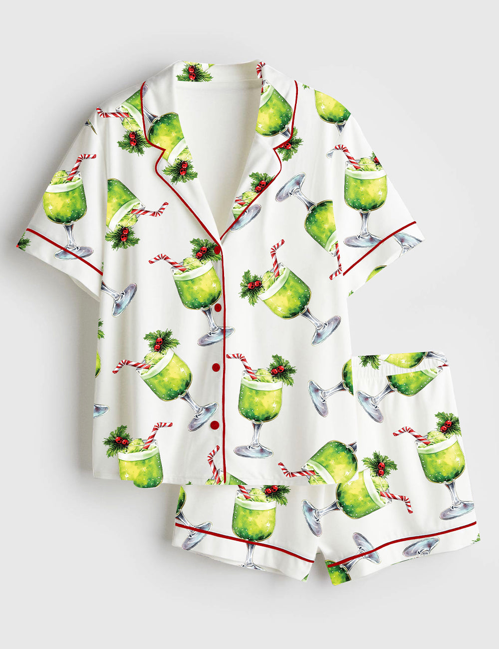 Women’s Grinch Punch Watercolor Christmas Cocktails Holiday Drinks Short Sleeve Satin Pajama Set