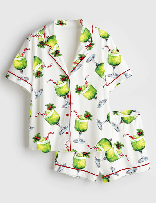 Women’s Grinch Punch Watercolor Christmas Cocktails Holiday Drinks Short Sleeve Satin Pajama Set
