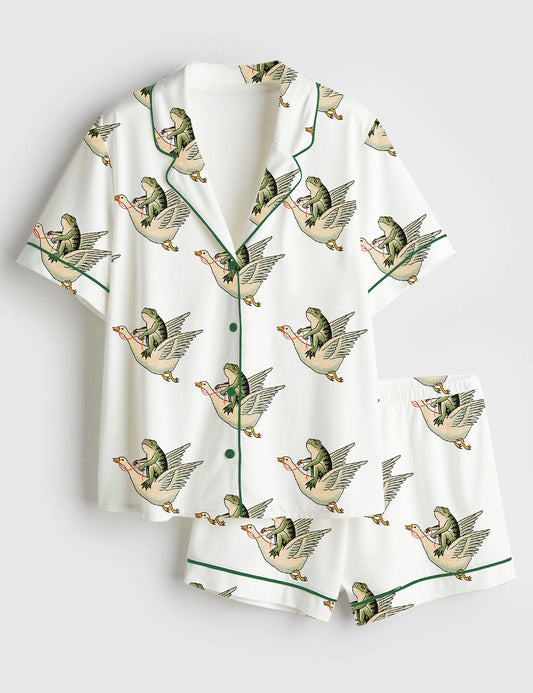 Women’s Frog Riding A Goose Short Sleeve Satin Pajama Set