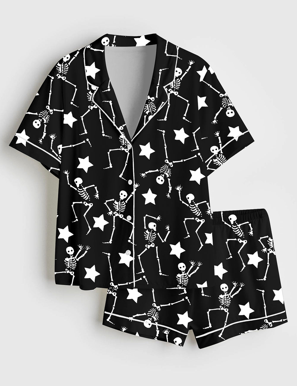 Women’s Dancing Skeleton Halloween Party Spooky Season Fall Print Short Sleeve Satin Pajama Set