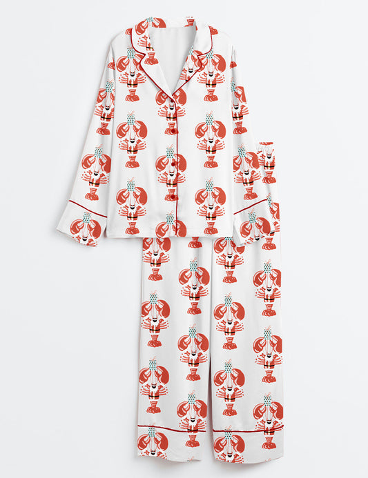 Women’s Lobstah Santa Christmas Santa Claws Lobster Lover Long Sleeve Satin Pajama Set