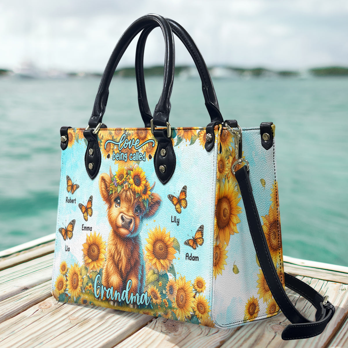 Love Being Called Grandma Highland Cow Sunflower - Personalized Leather Handbag