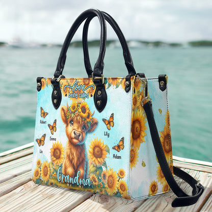 Love Being Called Grandma Highland Cow Sunflower - Personalized Leather Handbag