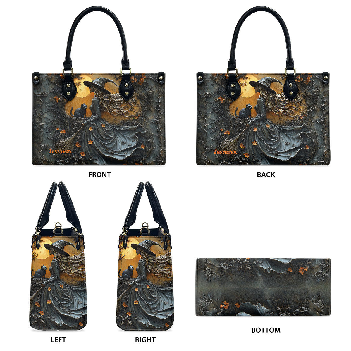 Beautiful Witch & Her Black Cat - Personalized Witch Leather Handbag