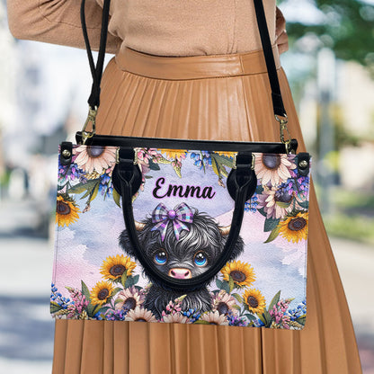 Cute Little Highland Cow - Personalized Leather Handbag