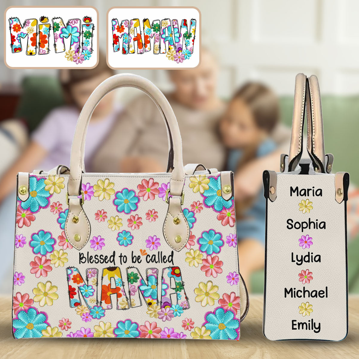 Blessed To Be Called Nana Floral Style - Personalized Grandma Leather Handbag