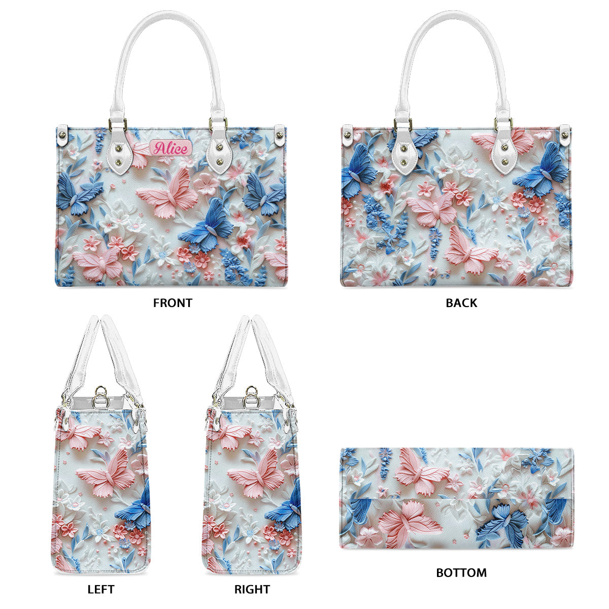 Pink And Blue Butterflies - Personalized Butterfly Leather Handbag