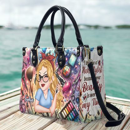 I Became A Hairstylist Because Your Beauty Is Worth My Time - Personalized Hairdresser Leather Handbag