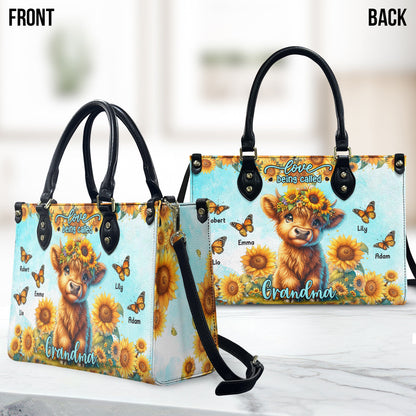 Love Being Called Grandma Highland Cow Sunflower - Personalized Leather Handbag