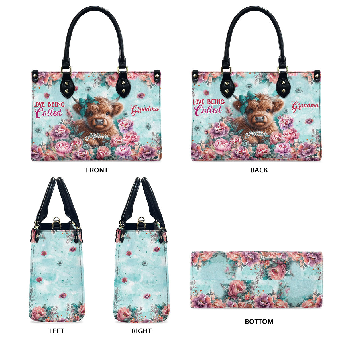 Love Being Called Grandma Highland Cow - Personalized Leather Handbag