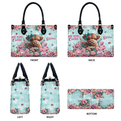 Love Being Called Grandma Highland Cow - Personalized Leather Handbag