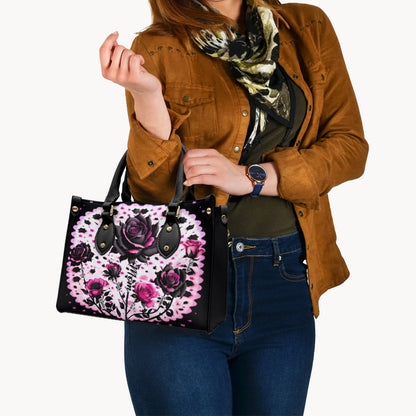 Mother Grandma And Children Black And Pink Roses - Personalized Mother Leather Handbag