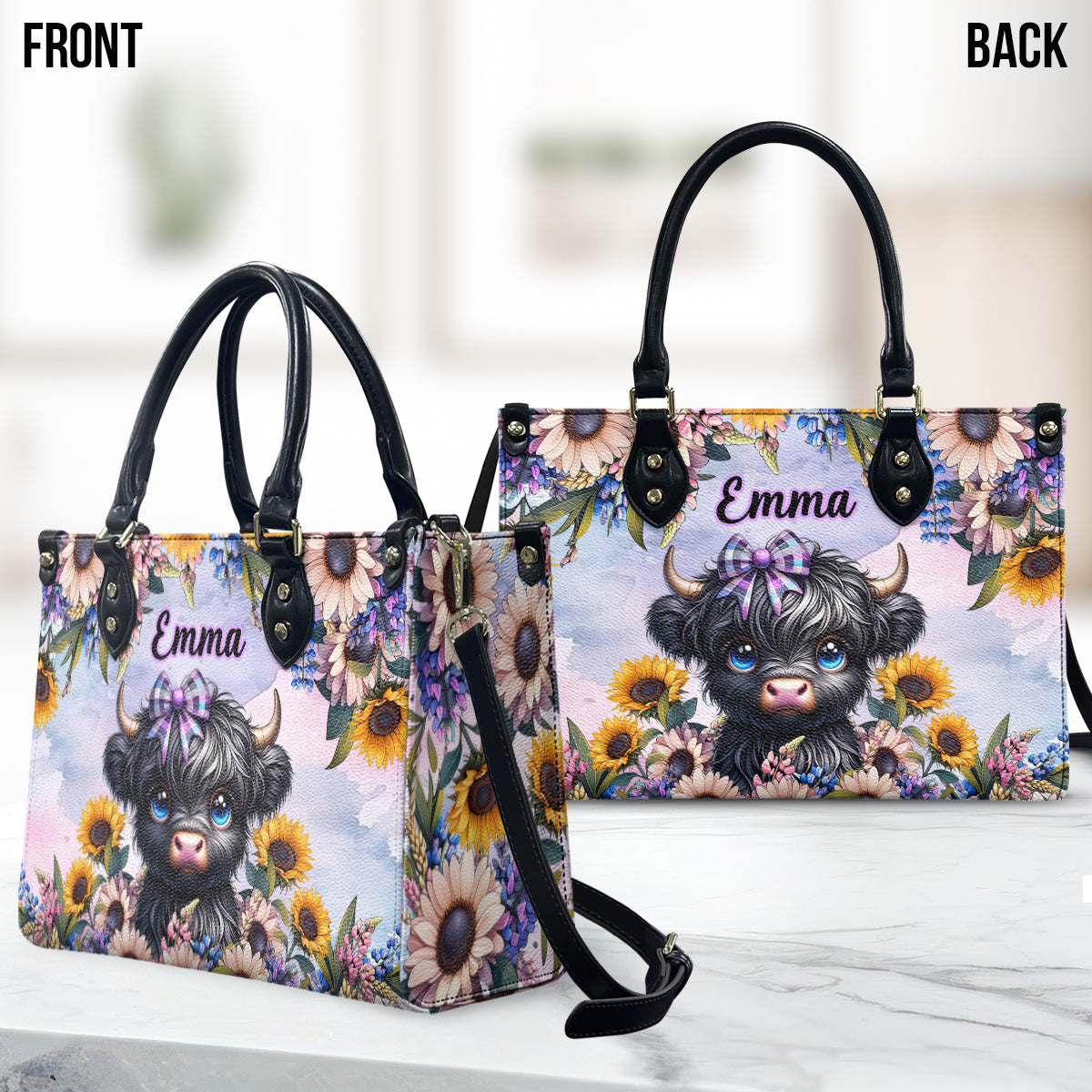 Cute Little Highland Cow - Personalized Leather Handbag