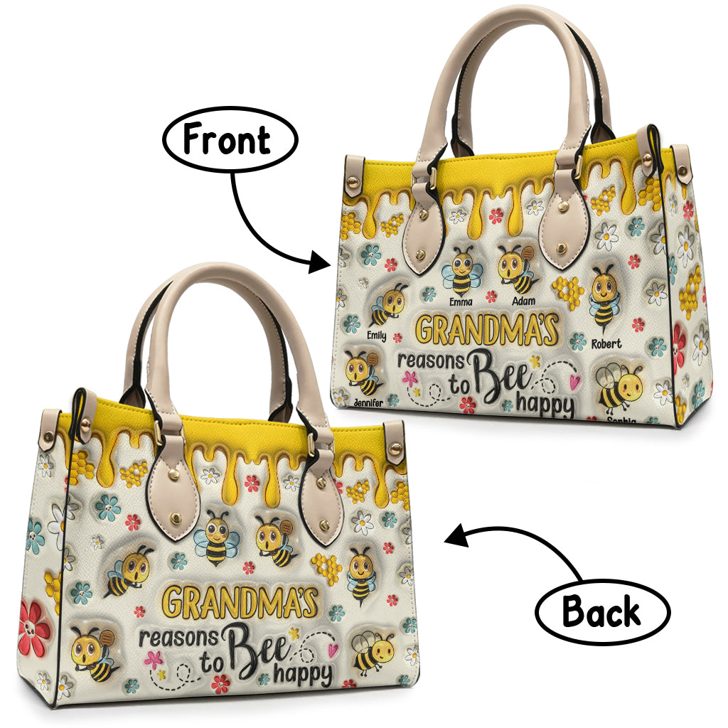 Grandma's Reasons To Bee Happy - Personalized Grandma Leather Handbag