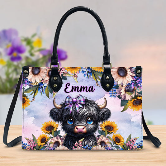 Cute Little Highland Cow - Personalized Leather Handbag